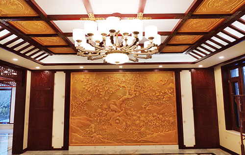凌海中式别墅客厅中式木作横梁吊顶装饰展示